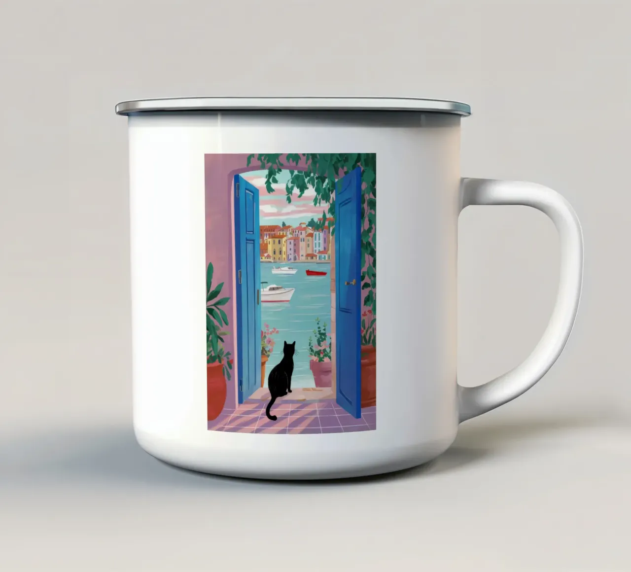 Gatto nero a porte aperte tazza in smalto da FadeAura