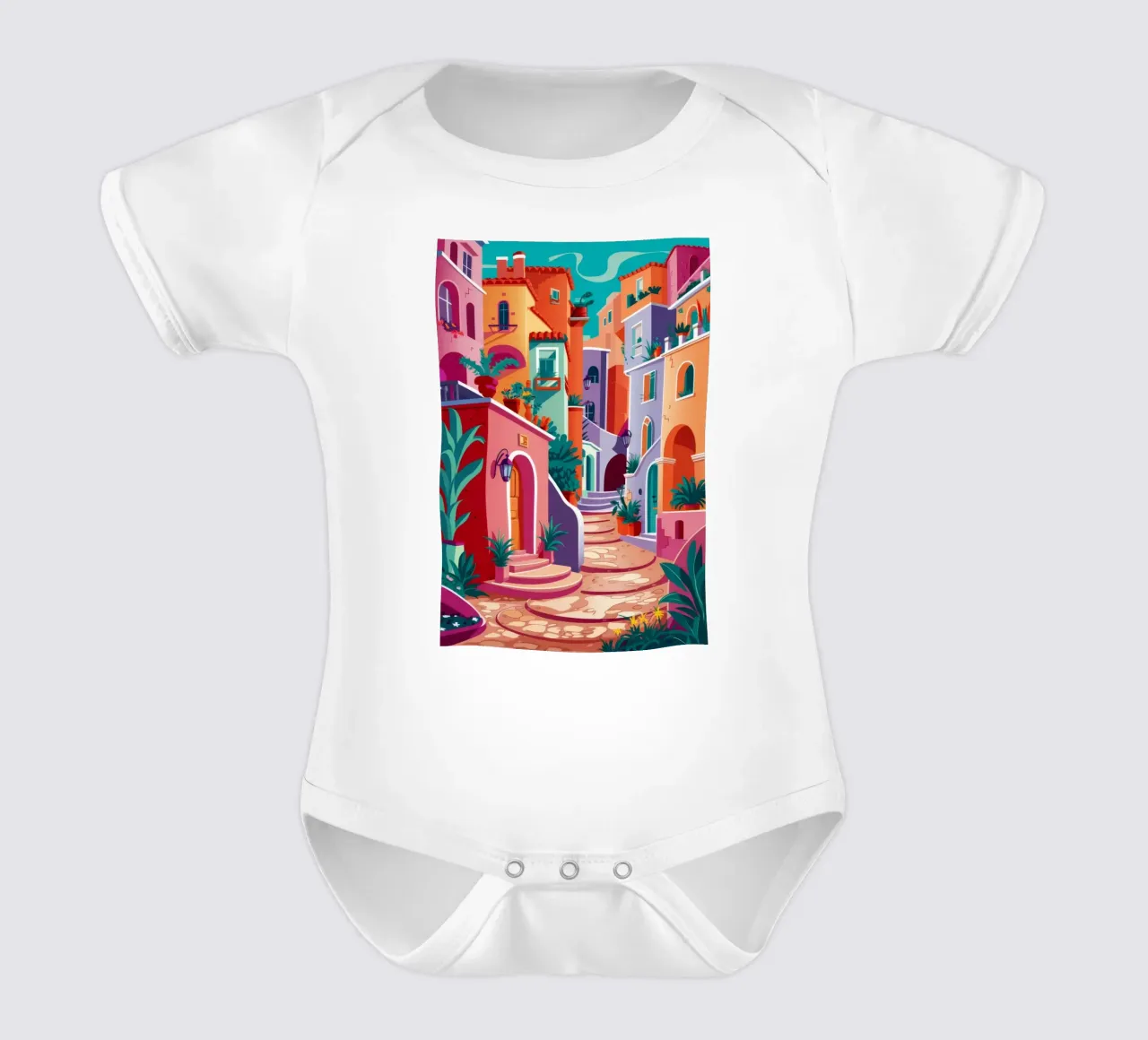 Colorful Steps Village short-sleeve baby romper by FadeAura