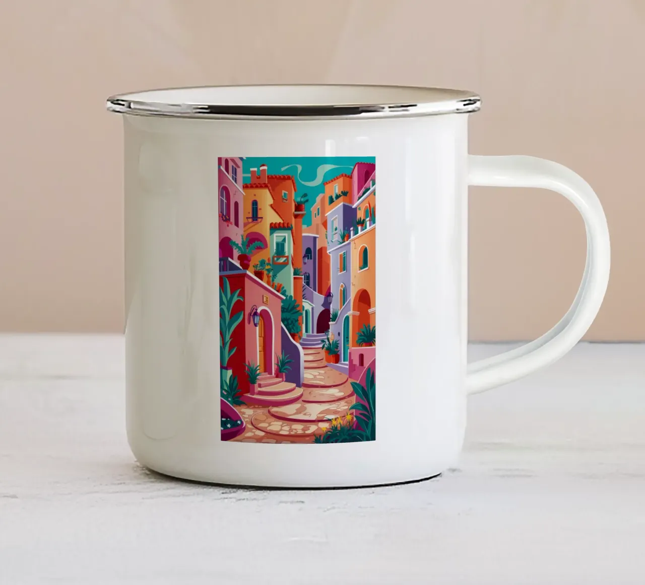 Villaggio a gradini colorati tazza in smalto da FadeAura