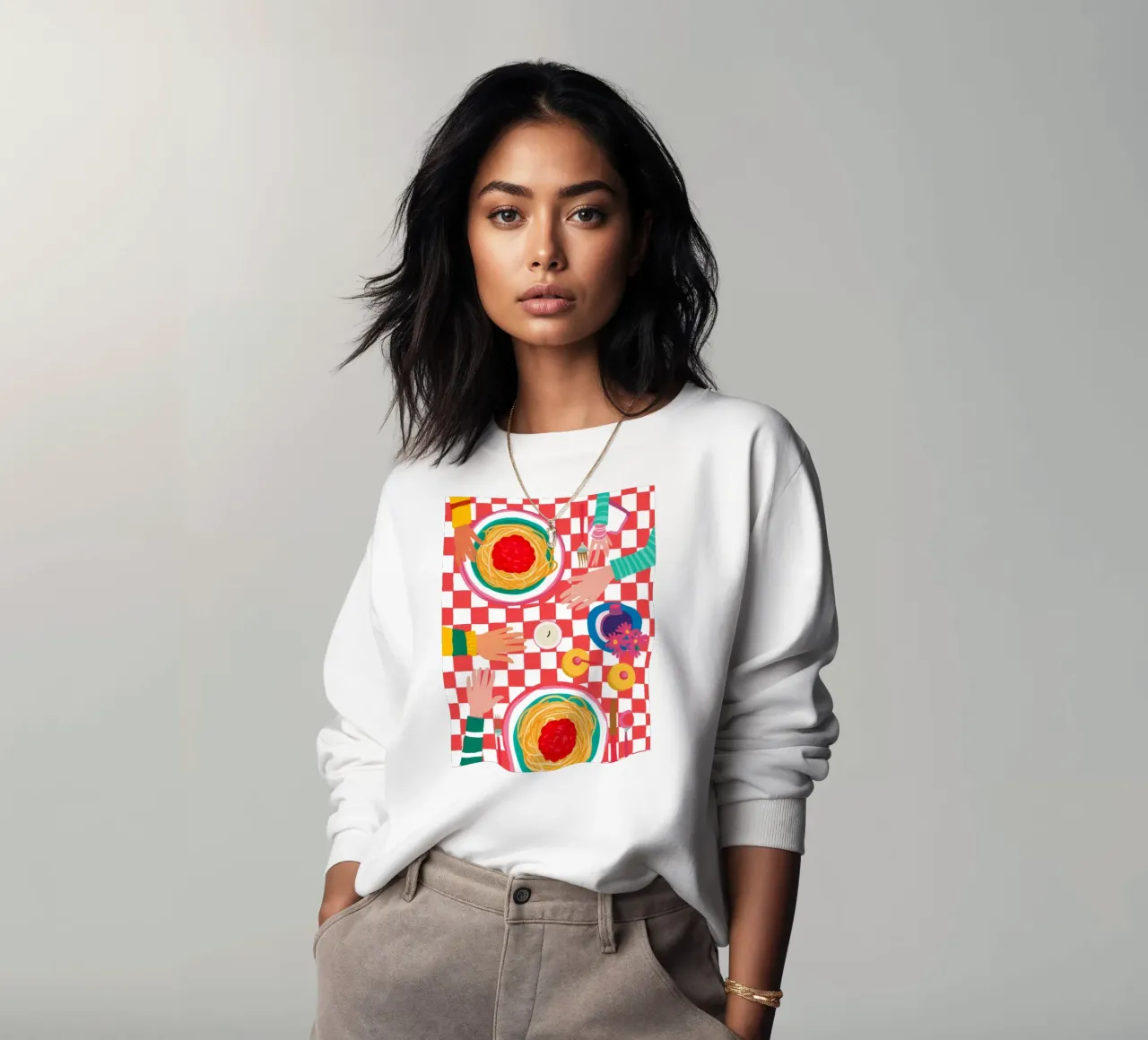 Spaghetti Checkered Table sweatshirt by Muse Artworks