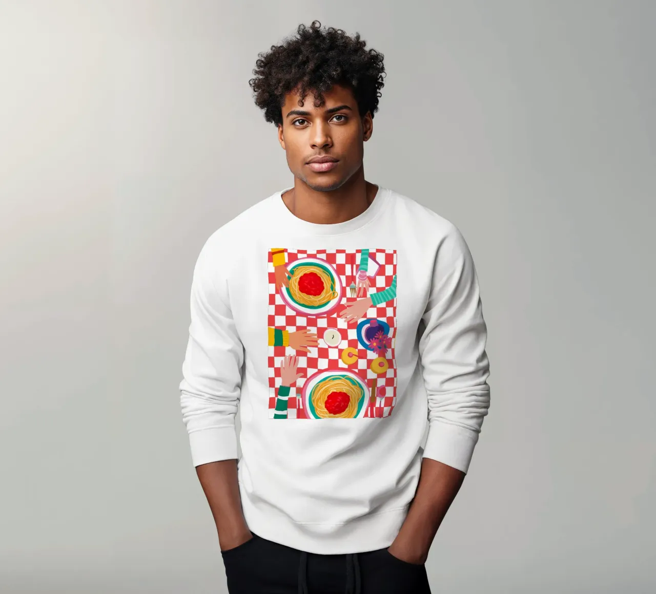 Spaghetti Checkered Table sweatshirt by Muse Artworks
