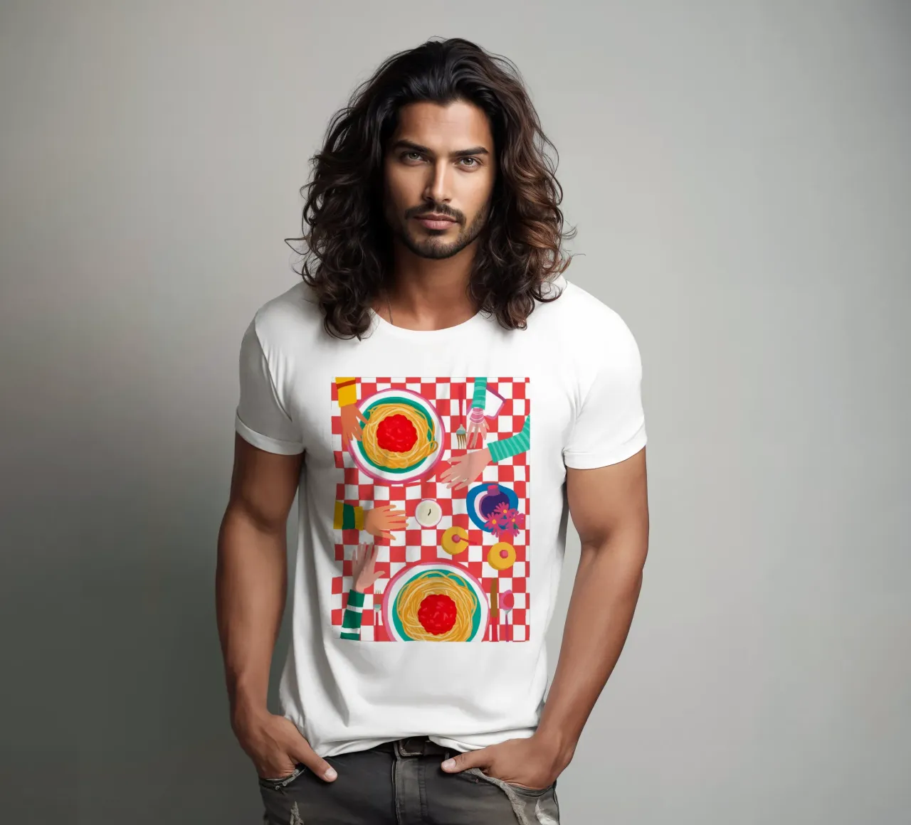 Spaghetti Checkered Table t-shirt da Muse Artworks