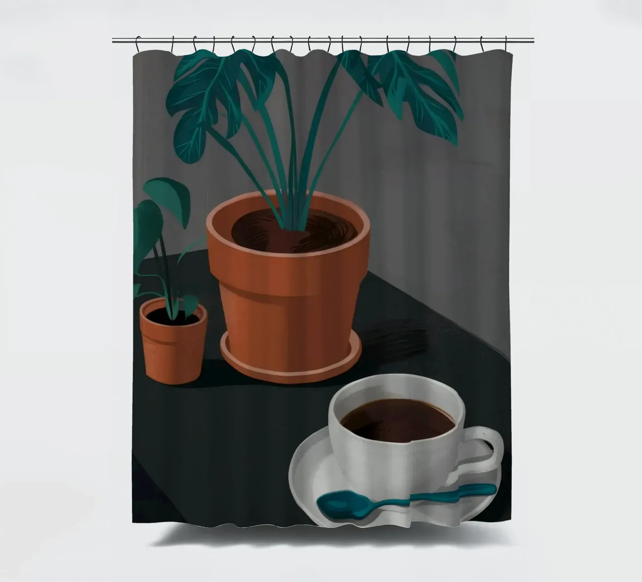 Kaffee und Monstera Duschvorhang von FadeAura