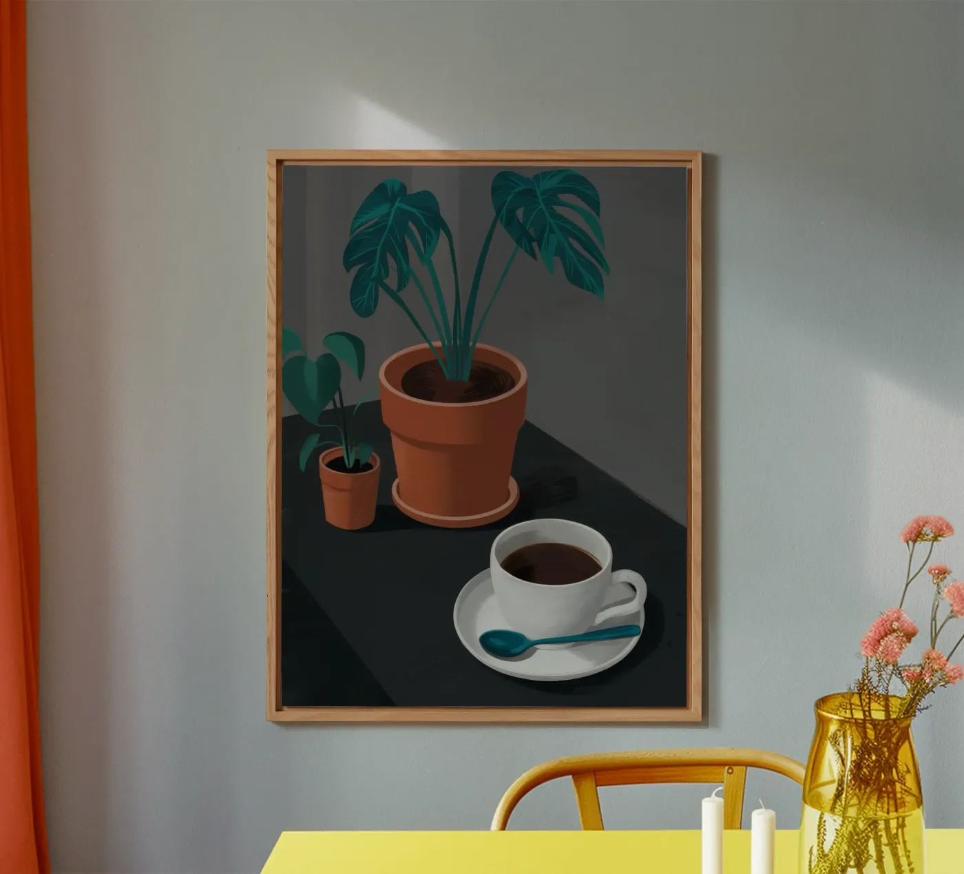 Kaffee und Monstera Forex-Platte von FadeAura