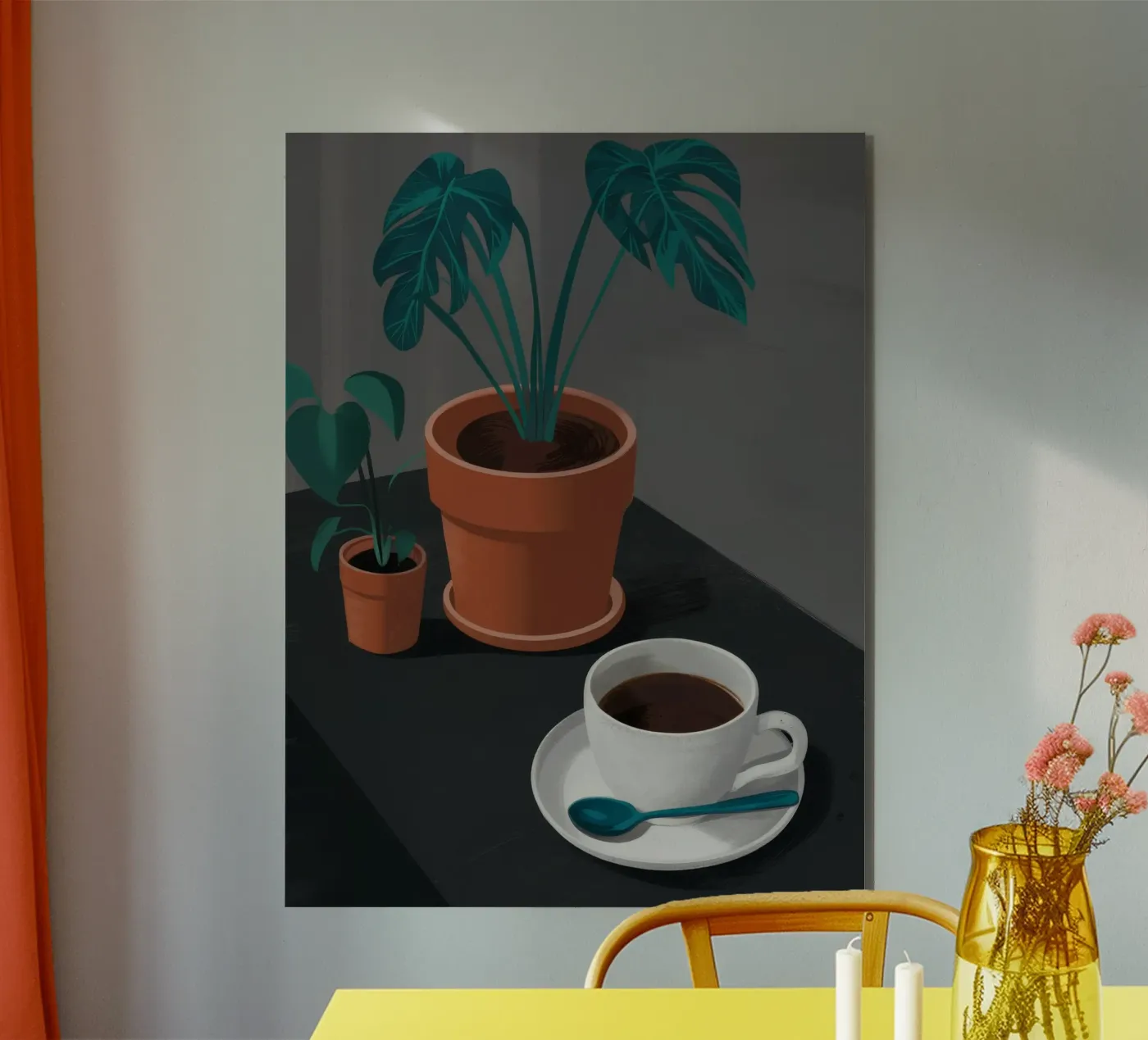 Kaffee und Monstera Forex-Platte von FadeAura