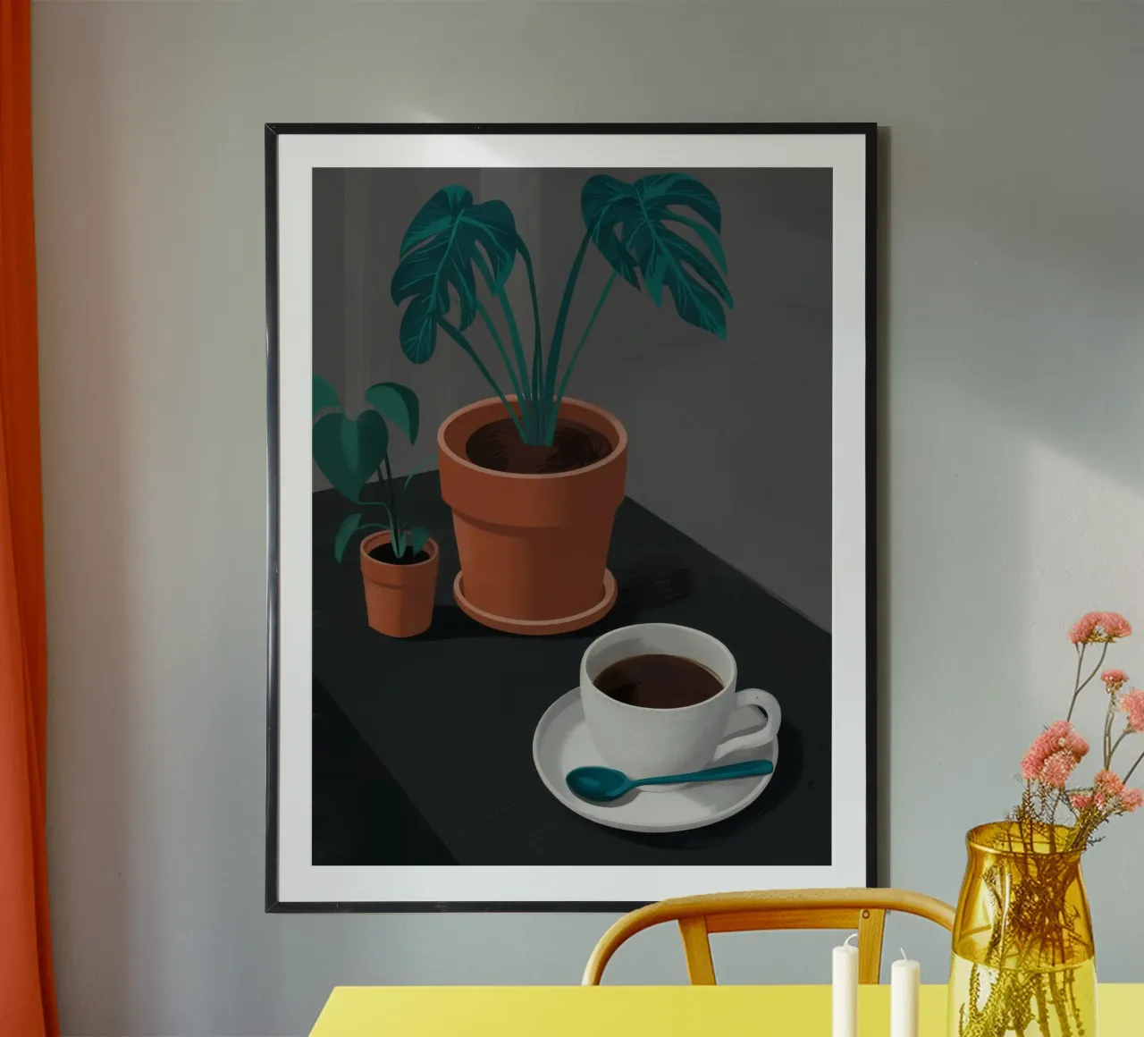 Caffè e Monstera poster con telaio in plastica da FadeAura