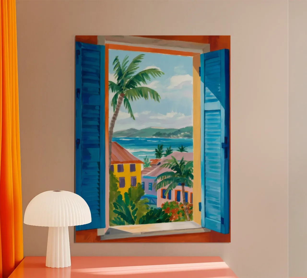 Blaue Jalousie Seaview Poster mit Kunststoffrahmen von FadeAura
