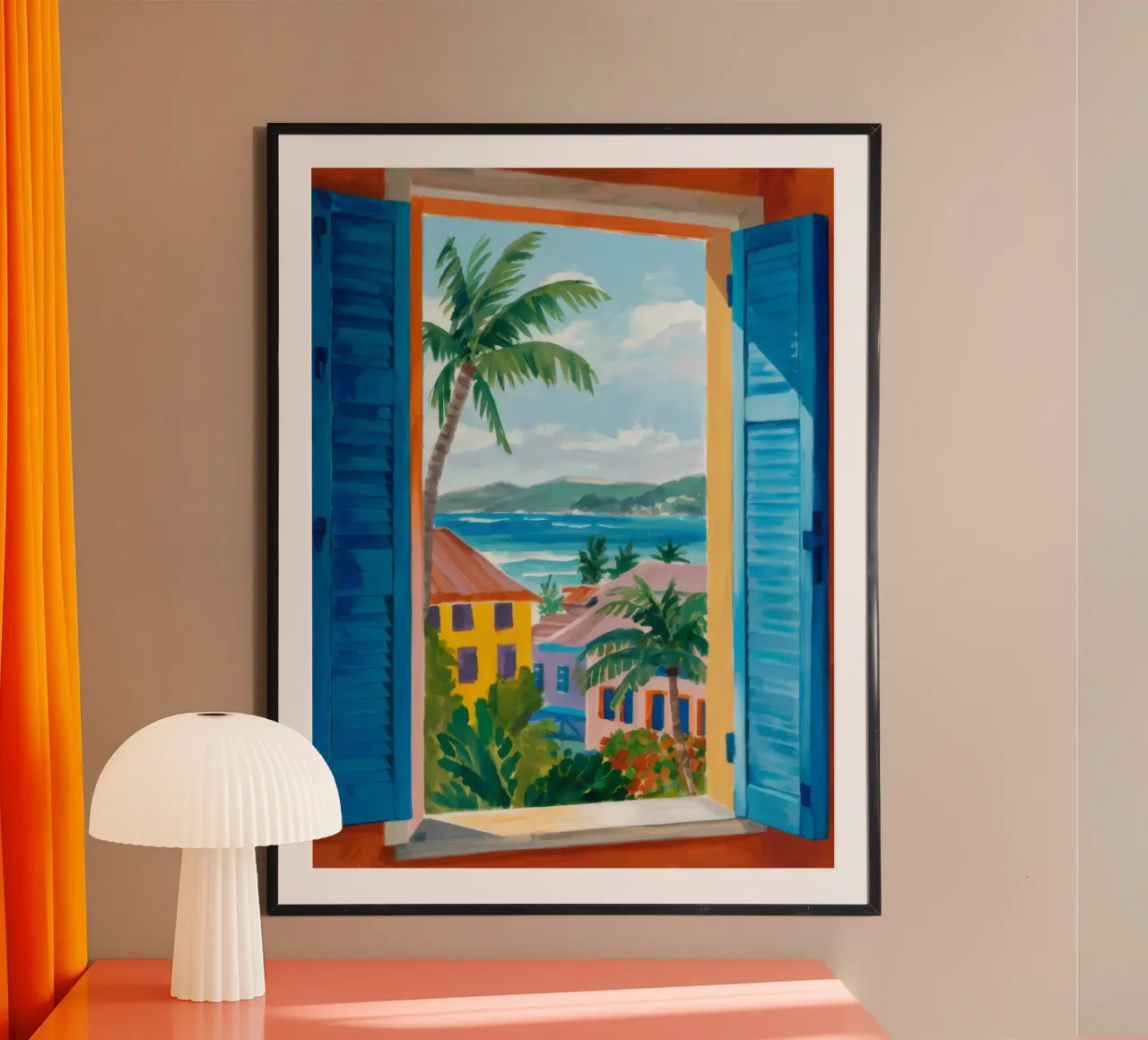 Blaue Jalousie Seaview Poster mit Kunststoffrahmen von FadeAura