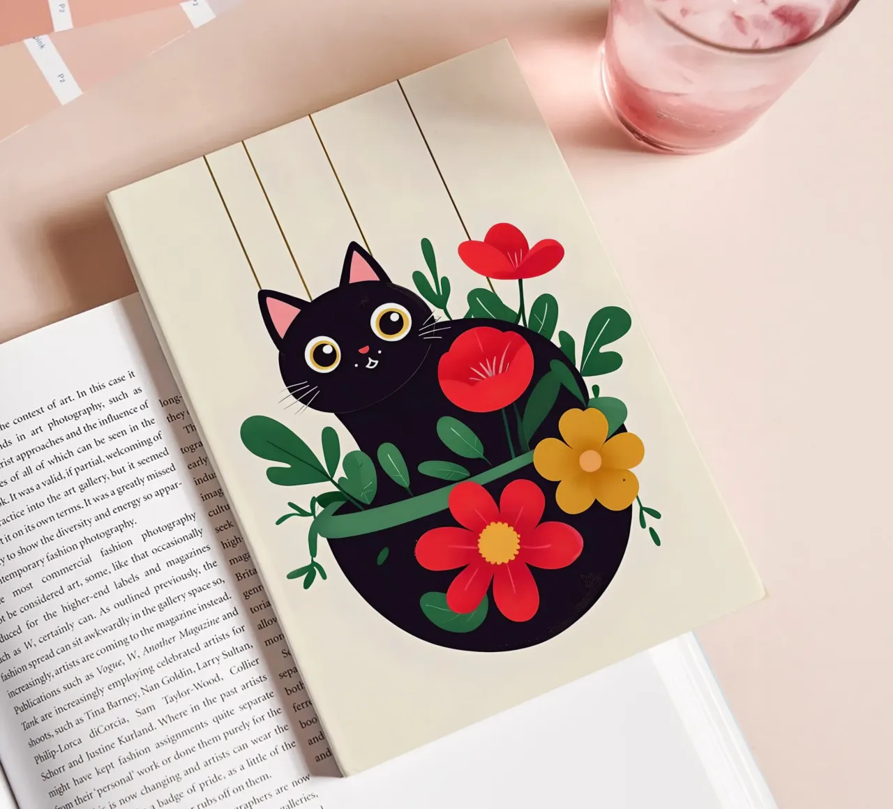 Chat noir dans un pot de fleurs Illustration carnet de notes de 🥝 KIWI STORE
