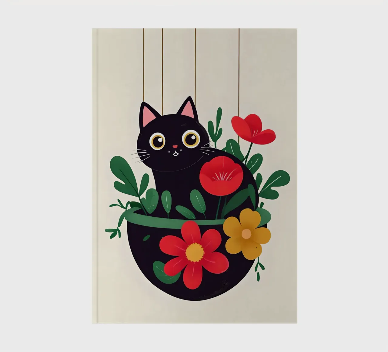 Chat noir dans un pot de fleurs Illustration carnet de notes de 🥝 KIWI STORE