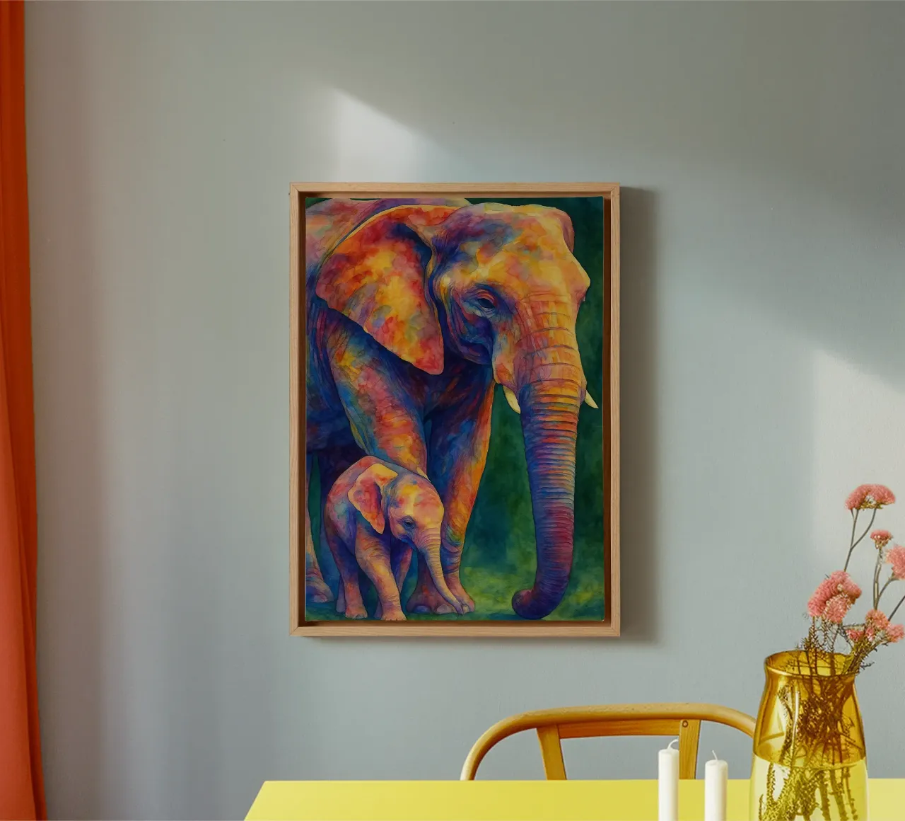 elephant and her cube colorfull painting canvas with Floater frame by toegoe