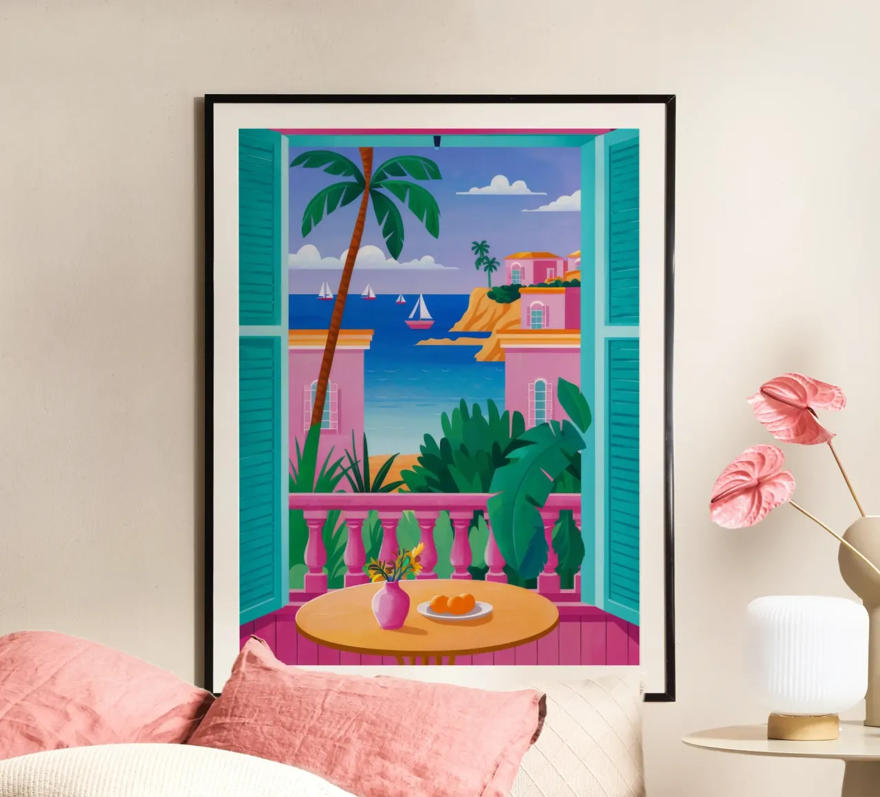 Palme da balcone rosa poster con telaio in plastica da FadeAura