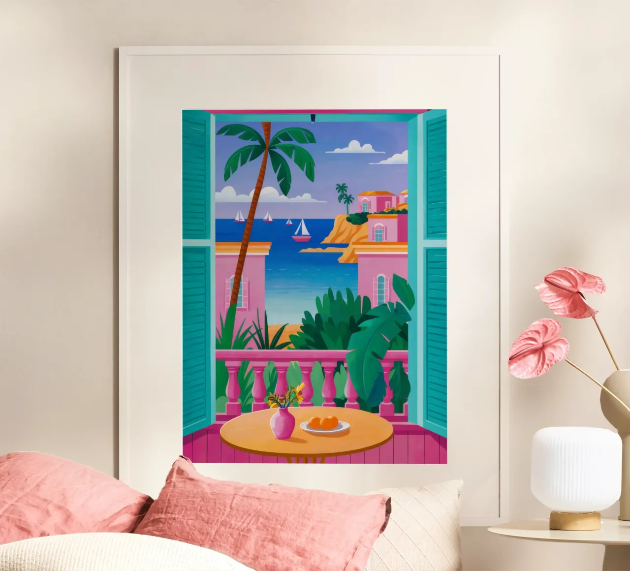 Palme da balcone rosa poster con telaio in plastica da FadeAura