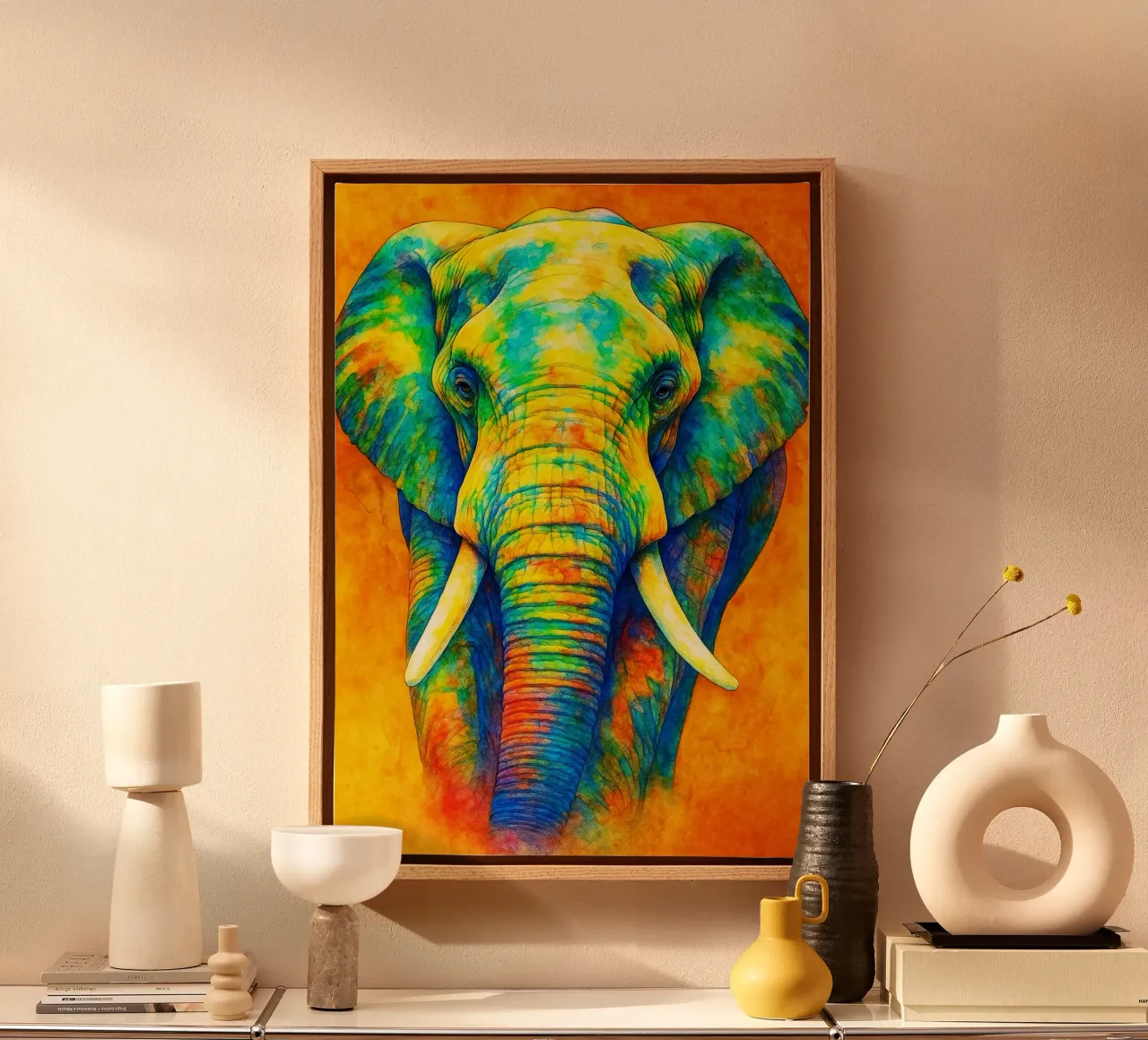 elefante pittura colorata tela con Cornice a cassetta da toegoe