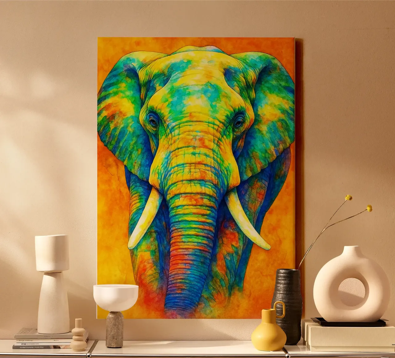 elefante pittura colorata tela con Cornice a cassetta da toegoe