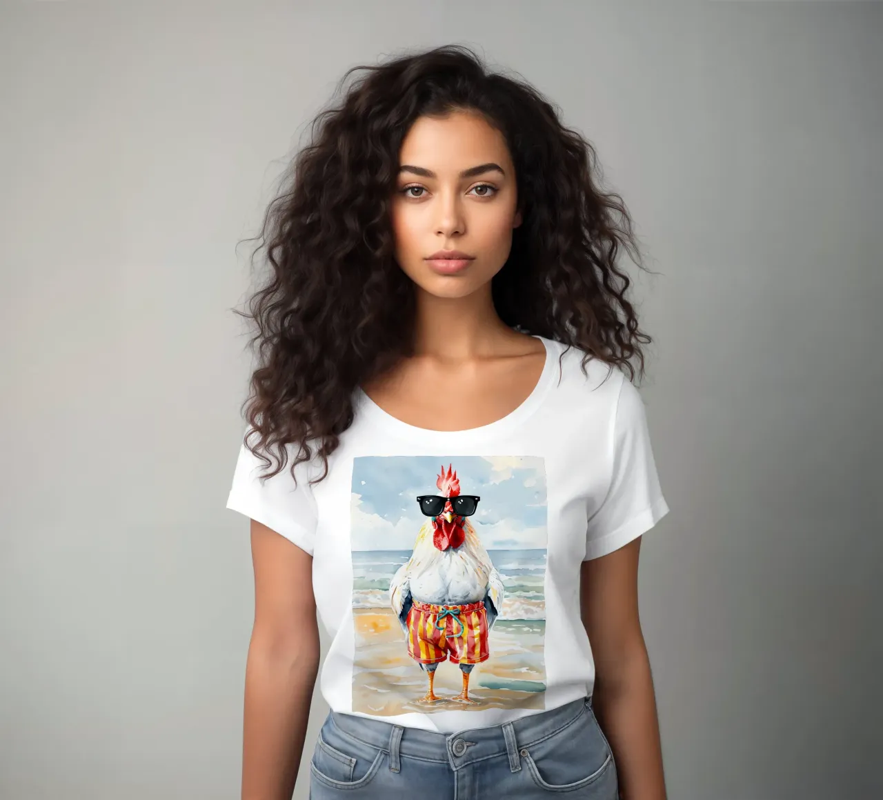 Rooster on the beach with sunglasses women's fitted t-shirt by 🥝 KIWI STORE