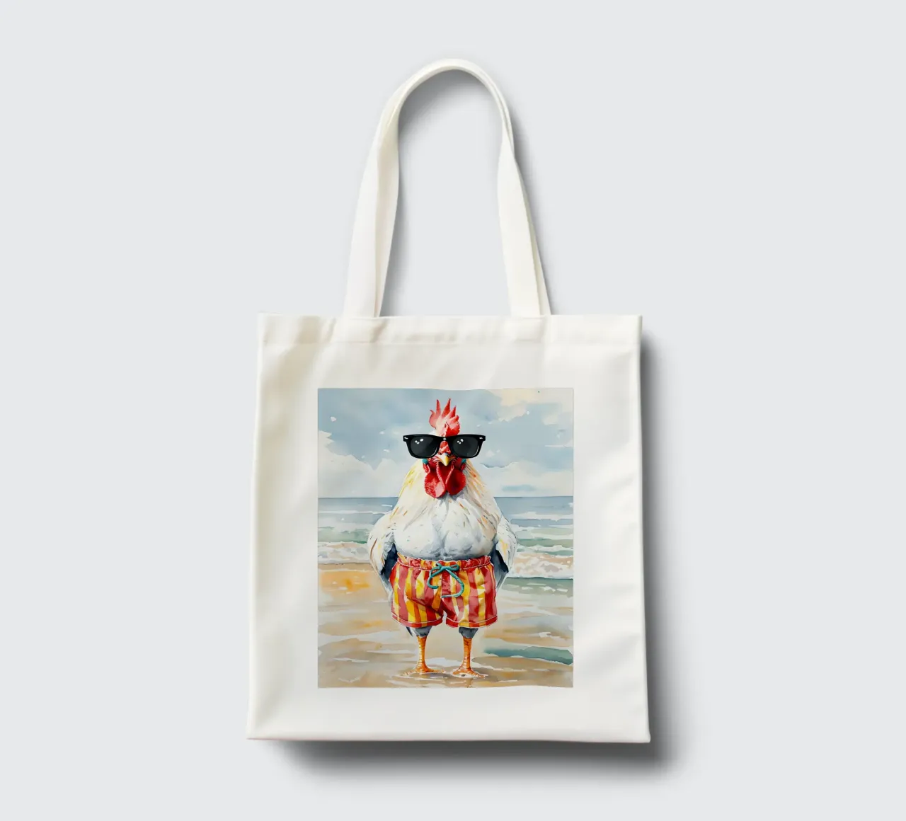 Gallo sulla spiaggia con occhiali da sole borsa in juta da 🥝 KIWI STORE