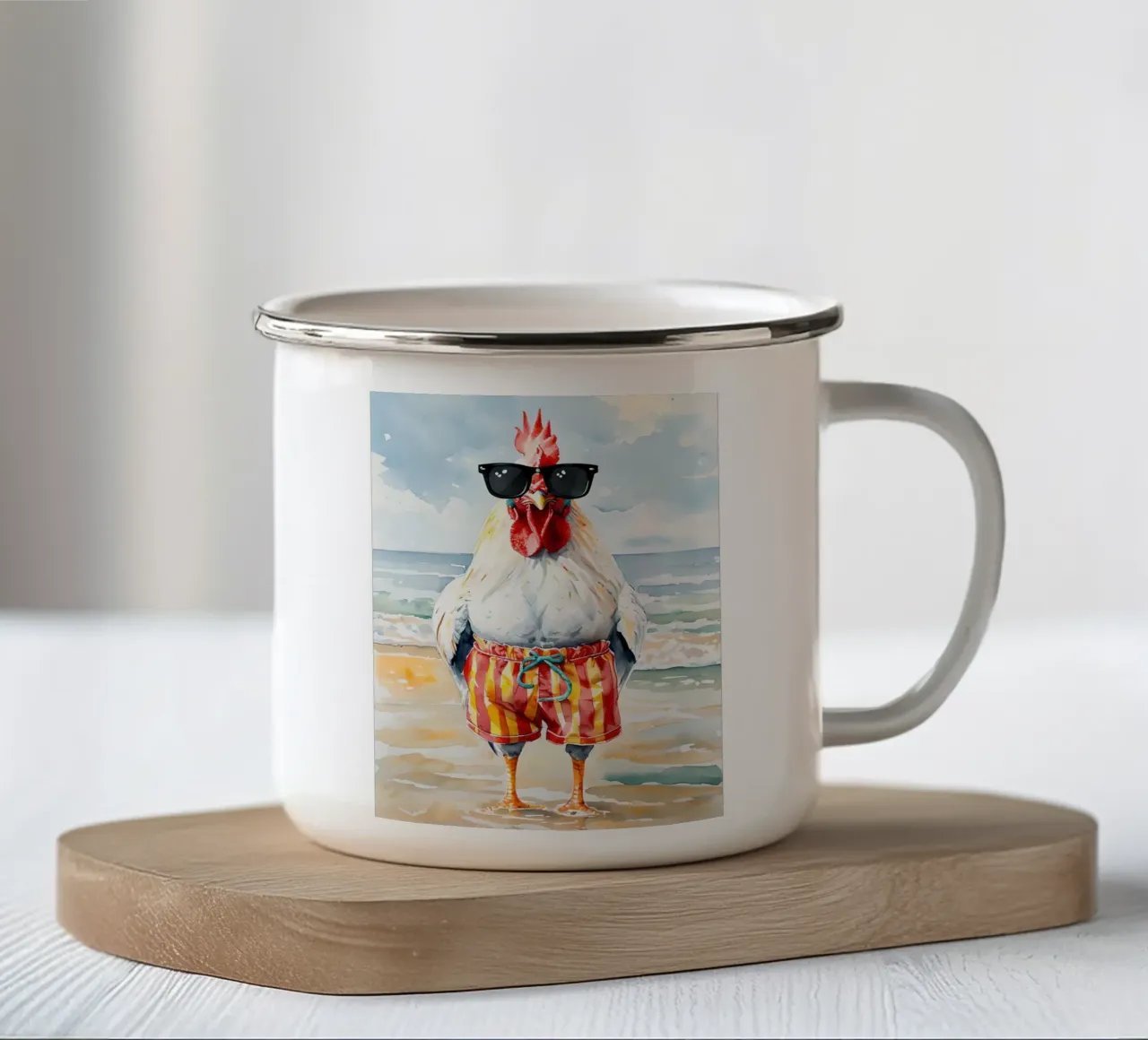 Gallo sulla spiaggia con occhiali da sole tazza in smalto da 🥝 KIWI STORE