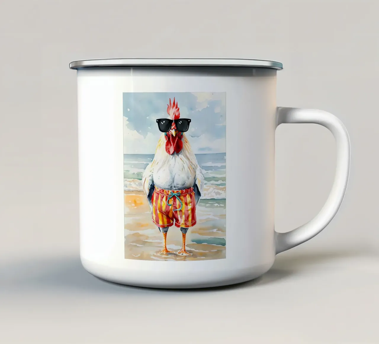 Gallo sulla spiaggia con occhiali da sole tazza in smalto da 🥝 KIWI STORE