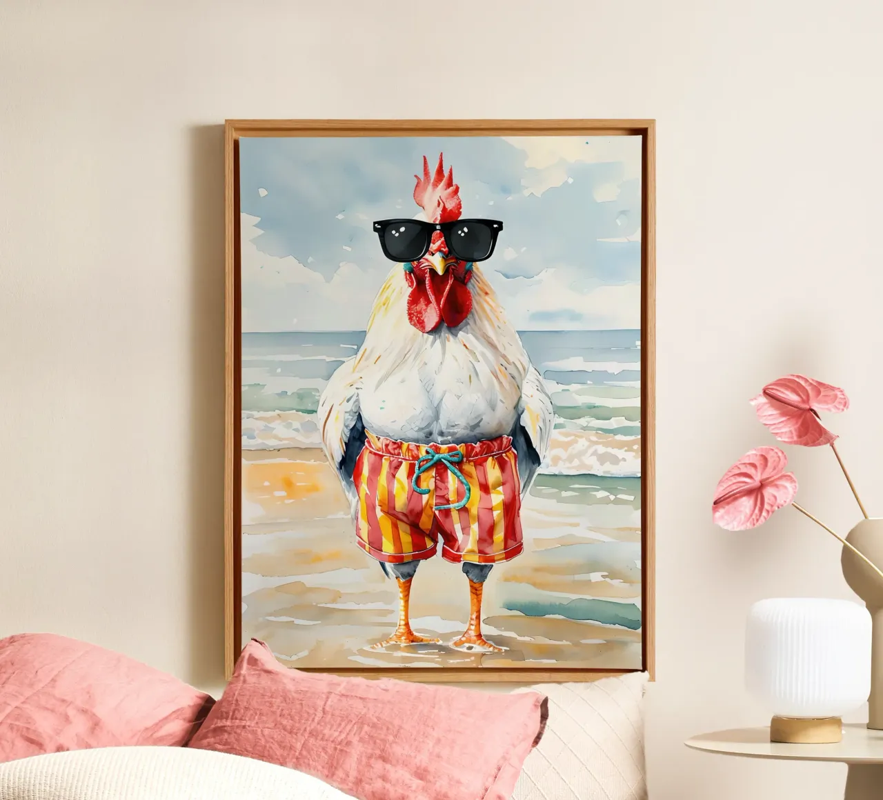 Gallo sulla spiaggia con occhiali da sole tela con Cornice a cassetta da 🥝 KIWI STORE
