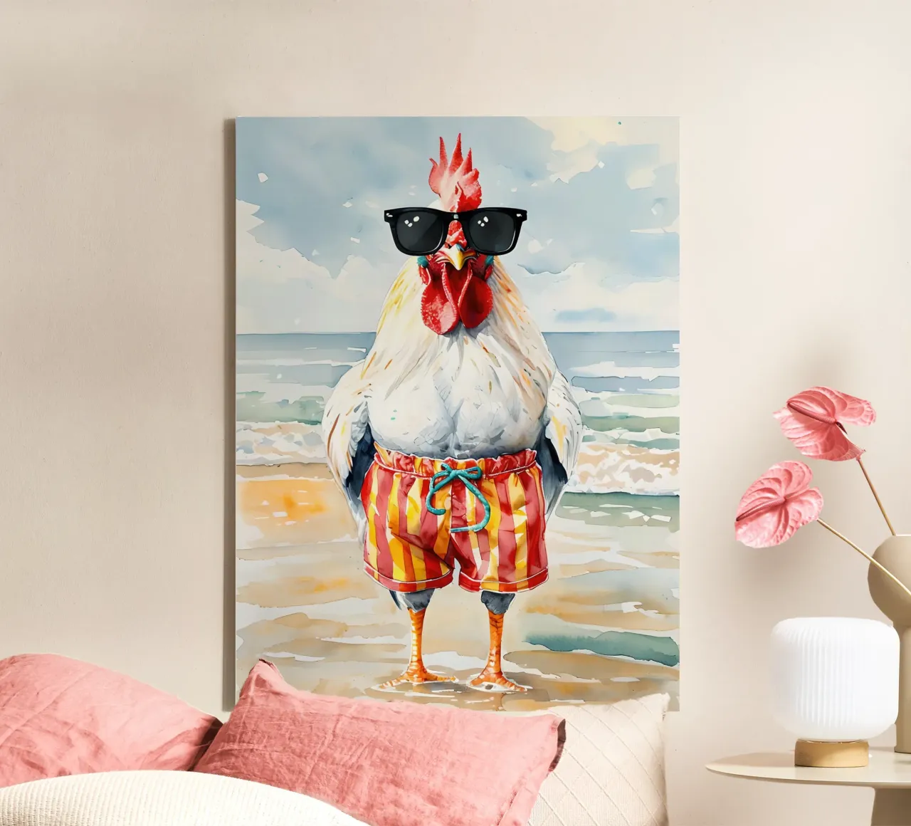 Gallo sulla spiaggia con occhiali da sole tela con Cornice a cassetta da 🥝 KIWI STORE