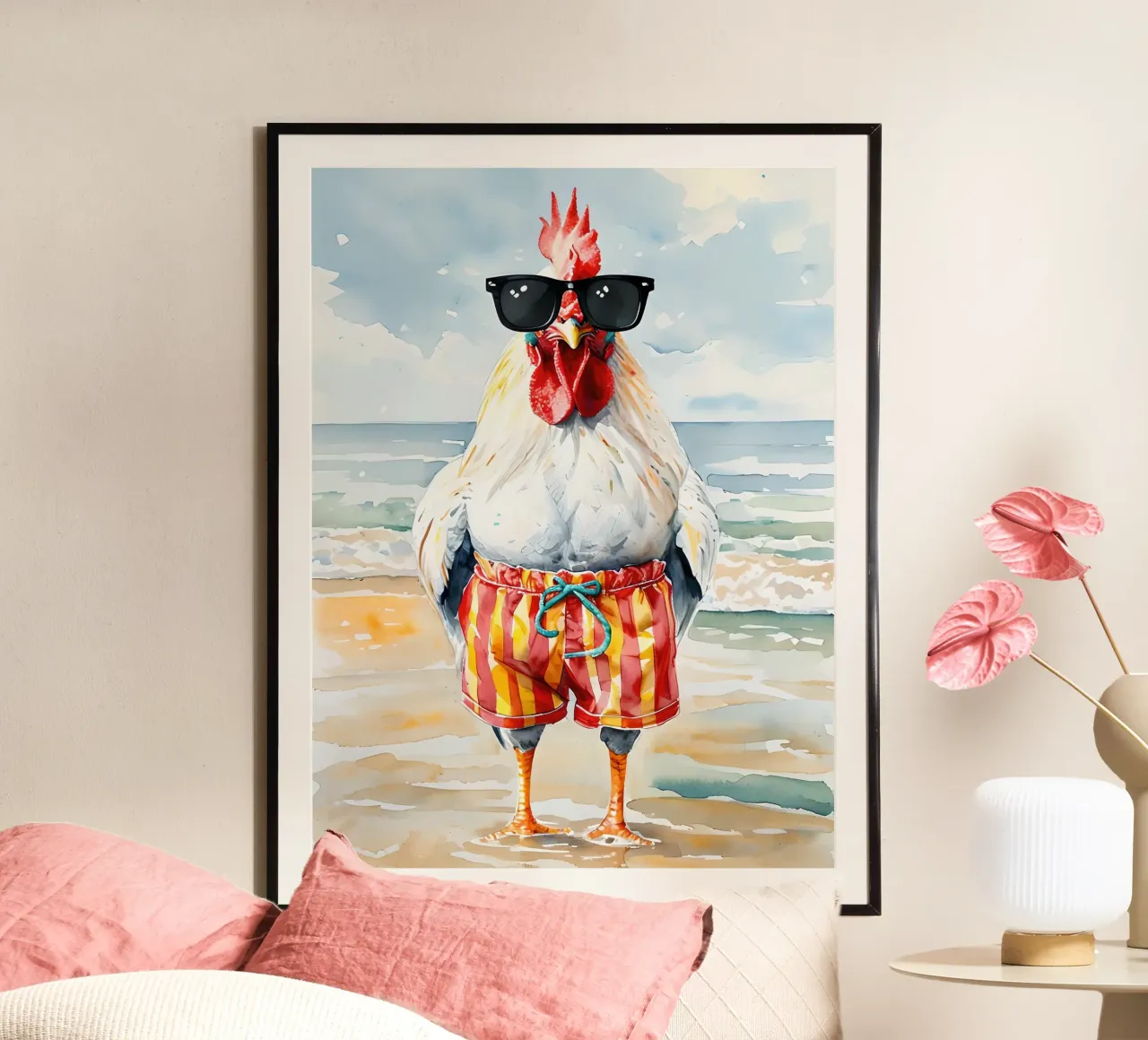 Gallo sulla spiaggia con occhiali da sole carta hahnemühle da 🥝 KIWI STORE