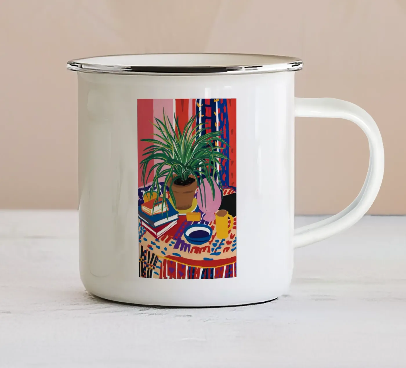 Patterned Table Stillness enamel mug by FadeAura