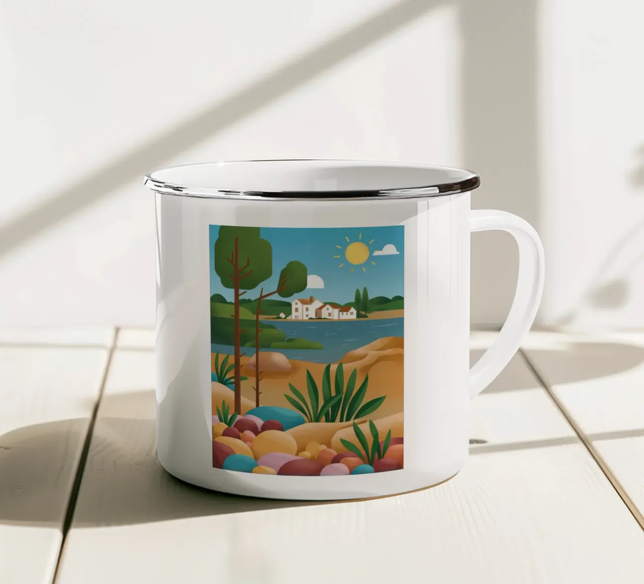 Pebble Strand Vista emaille mok van Muse Artworks