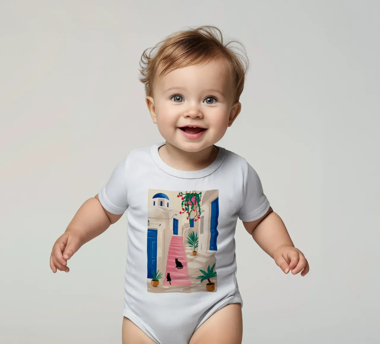 Black Cat Blue Stairs short-sleeve baby romper by FadeAura