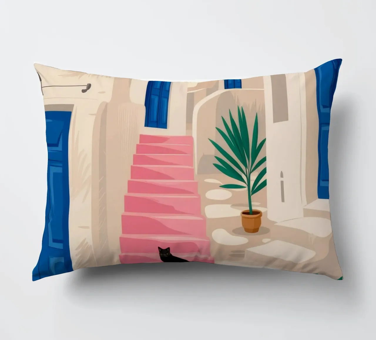 Black Cat Blue Stairs decorative cushion by FadeAura