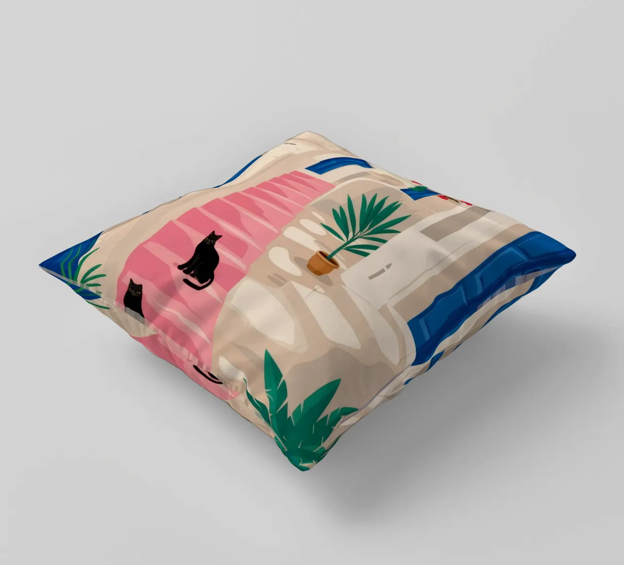Black Cat Blue Stairs decorative cushion by FadeAura