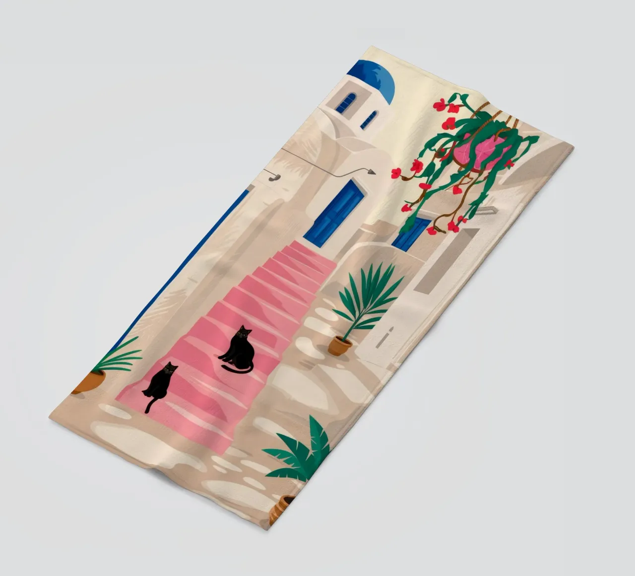 Black Cat Blue Stairs beach towel by FadeAura