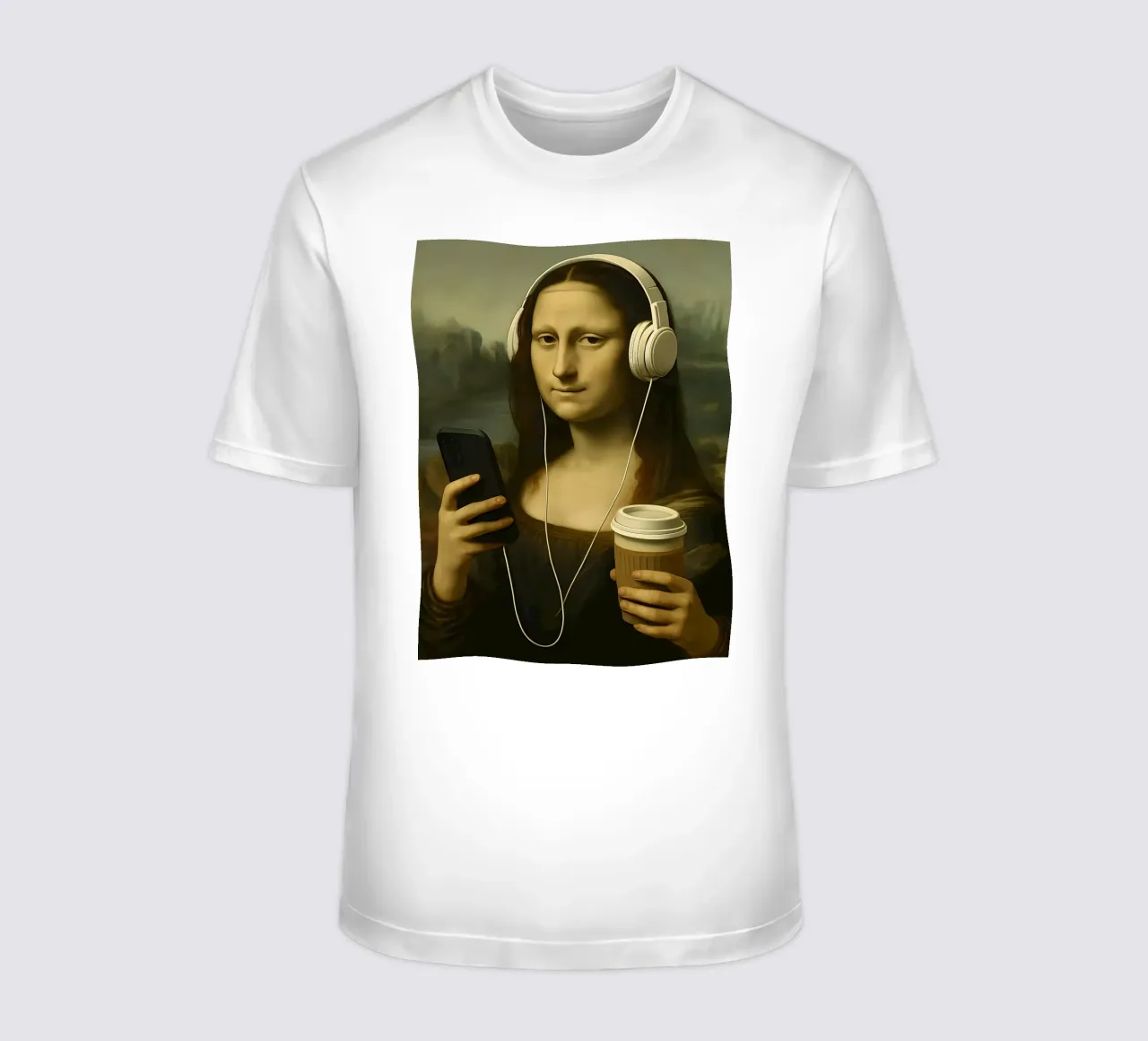 Monna Lisa con cuffie e caffè t-shirt da 🥝 KIWI STORE