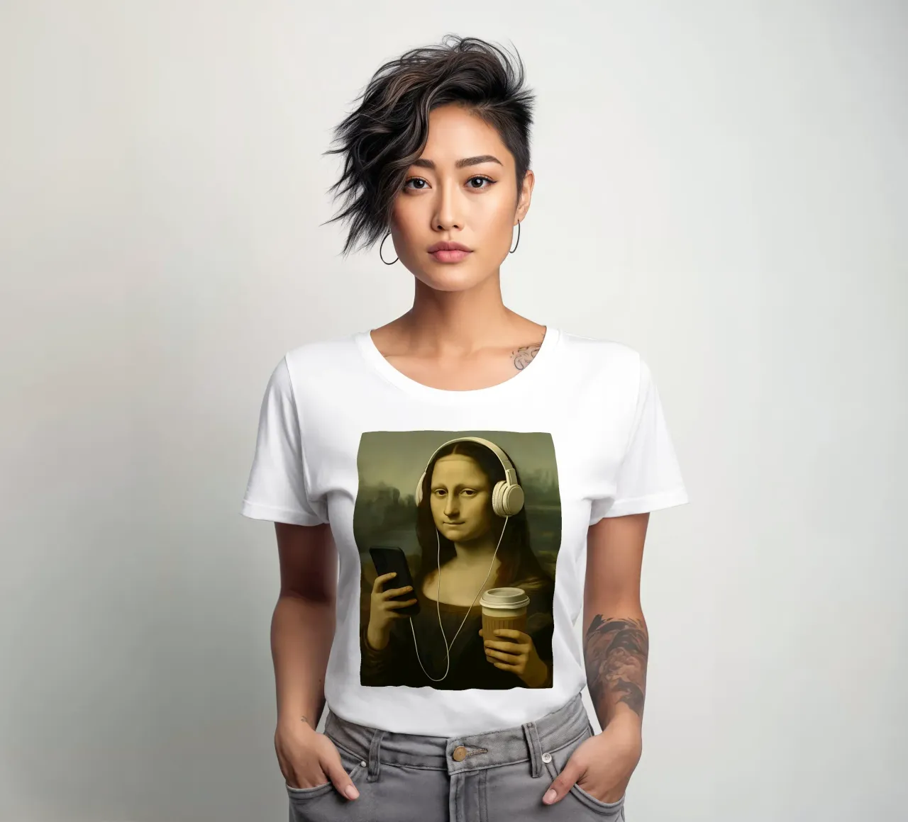 Monna Lisa con cuffie e caffè t-shirt da donna da 🥝 KIWI STORE