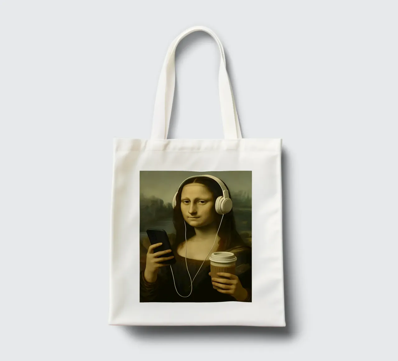 Monna Lisa con cuffie e caffè borsa in juta da 🥝 KIWI STORE