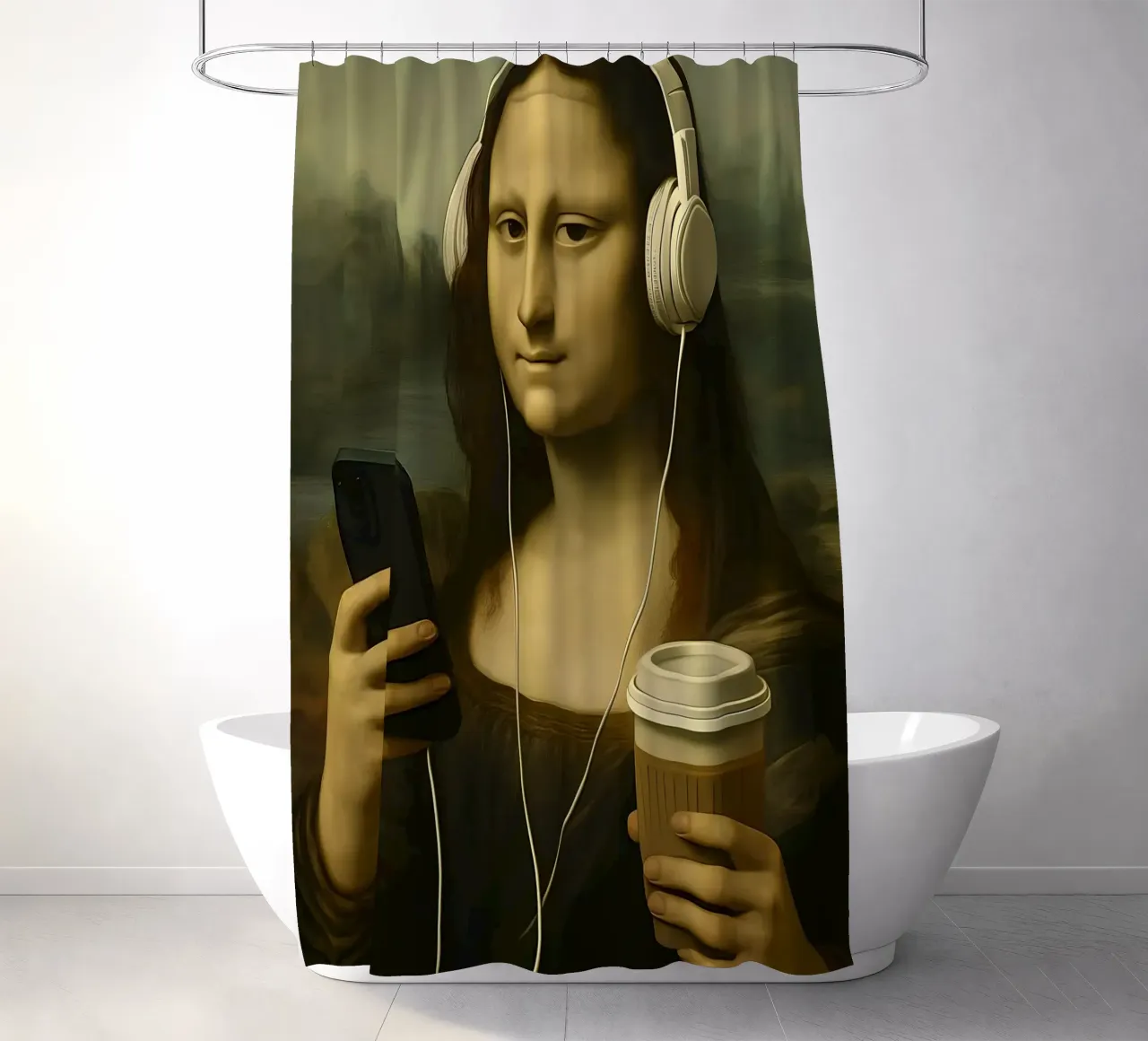 Monna Lisa con cuffie e caffè tenda da doccia da 🥝 KIWI STORE