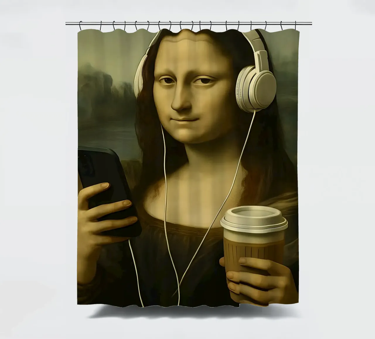 Monna Lisa con cuffie e caffè tenda da doccia da 🥝 KIWI STORE