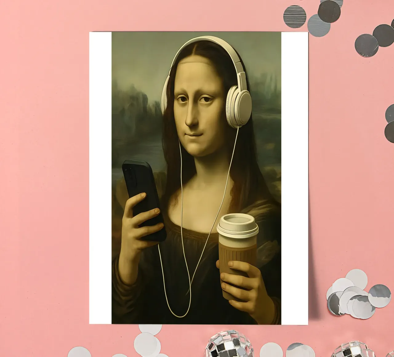 Monna Lisa con cuffie e caffè foglio adesivo da 🥝 KIWI STORE