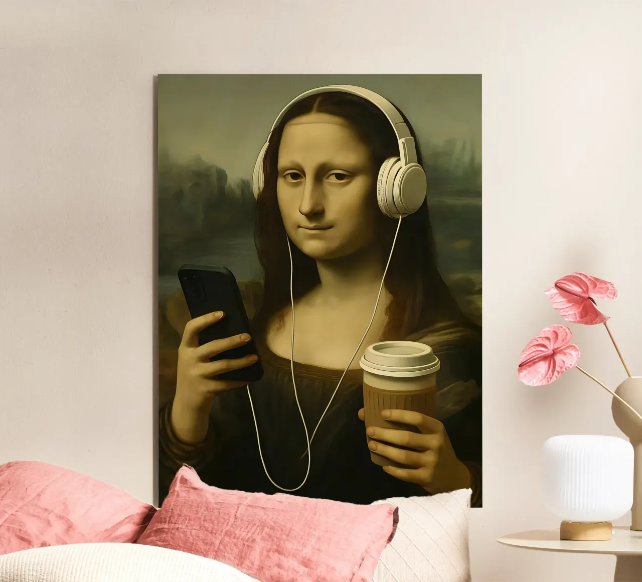 Monna Lisa con cuffie e caffè alluminio dibond da 🥝 KIWI STORE
