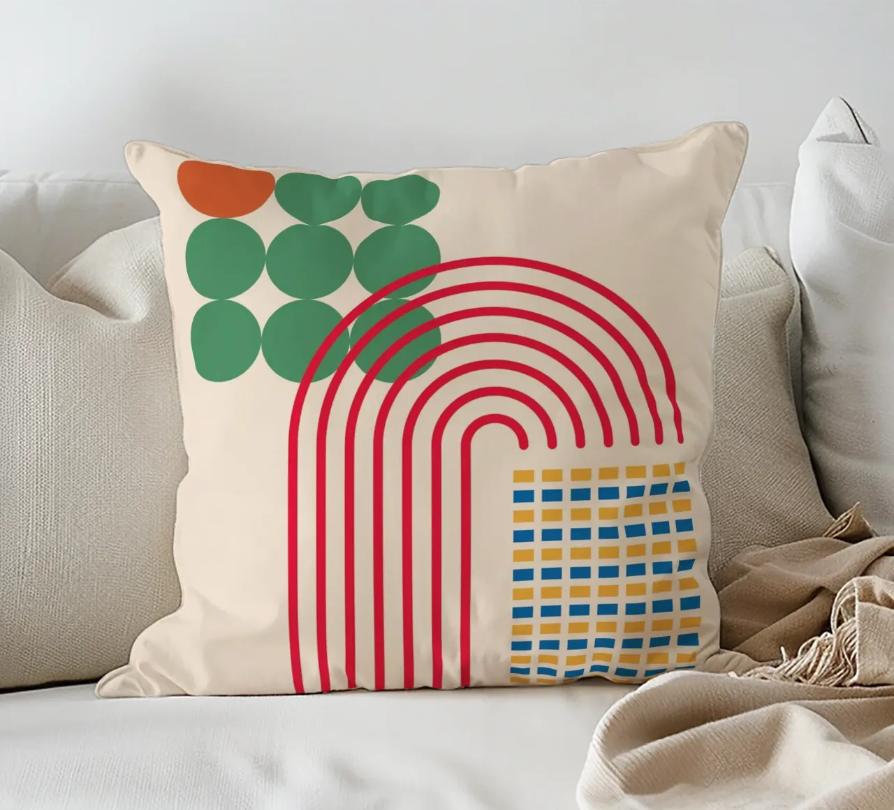 Bauhaus Poster - Grid design with circles and arcs decorative cushion by Casa Calm
