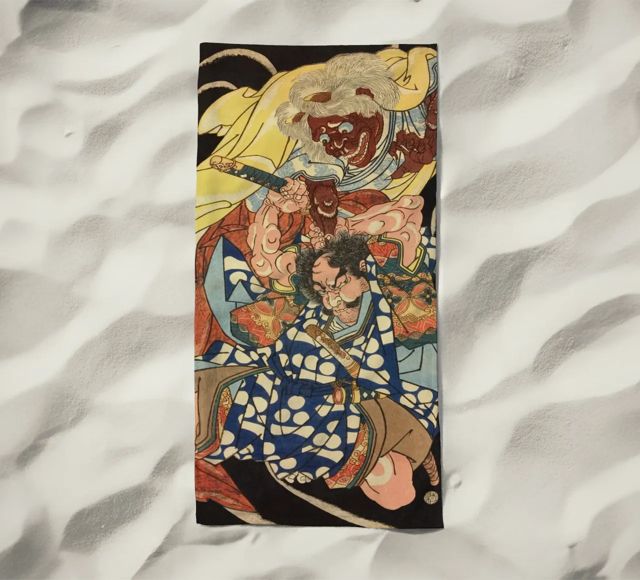 Samurai Battling Demon - Antique Japanese Ukiyo-e Art beach towel by Masterpieces Of Japanese Art