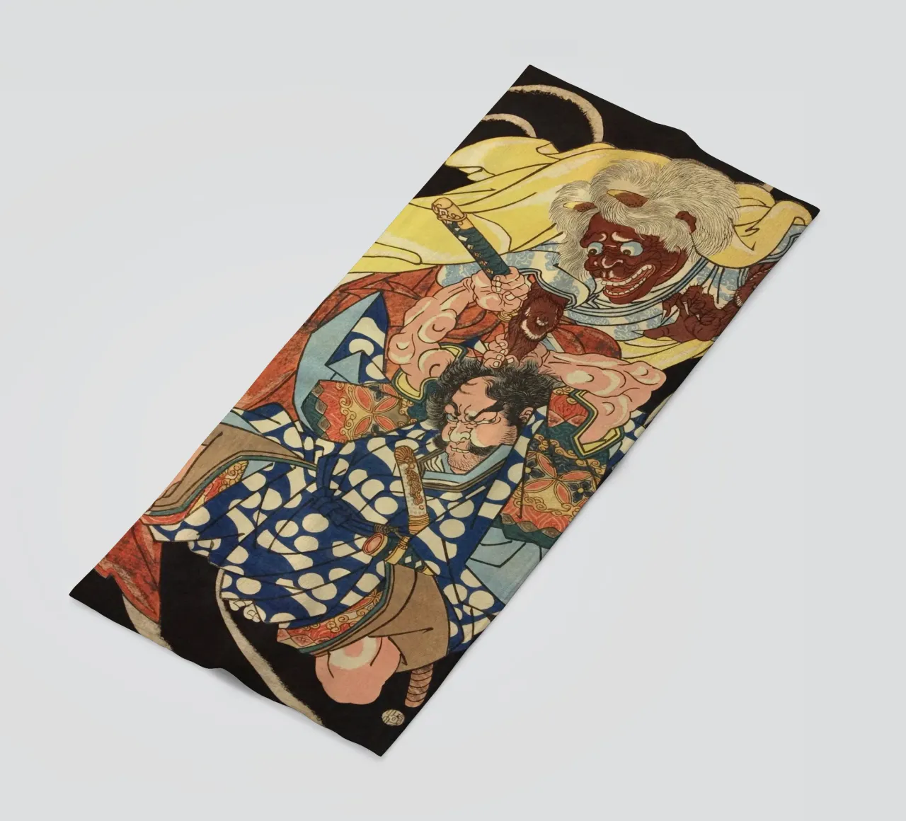 Samurai Battling Demon - Antique Japanese Ukiyo-e Art beach towel by Masterpieces Of Japanese Art