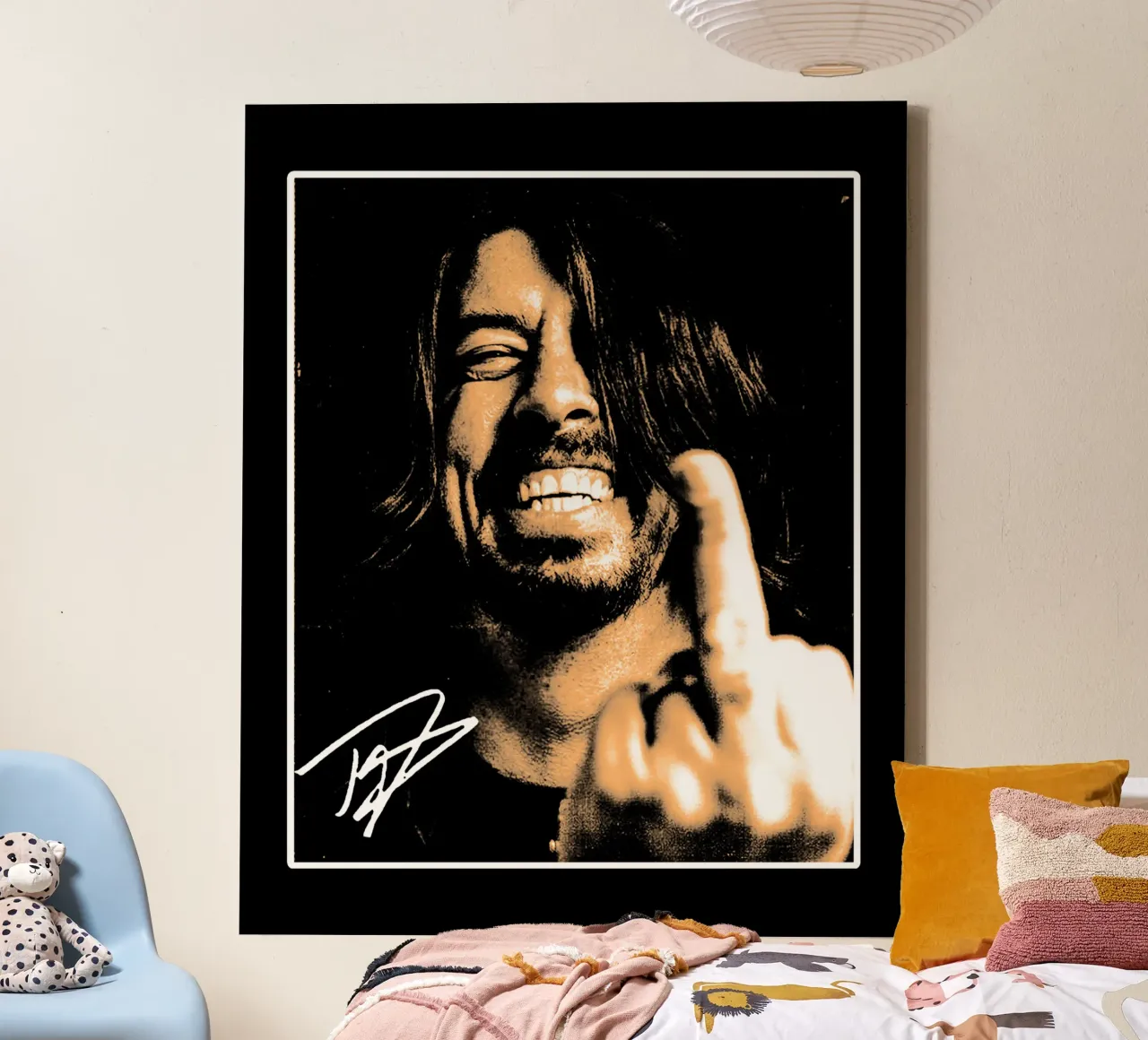 Grappige middelvinger Dave Grohl canvas met Baklijst van https://www.juniqe.com/uk/shop/Henndraws