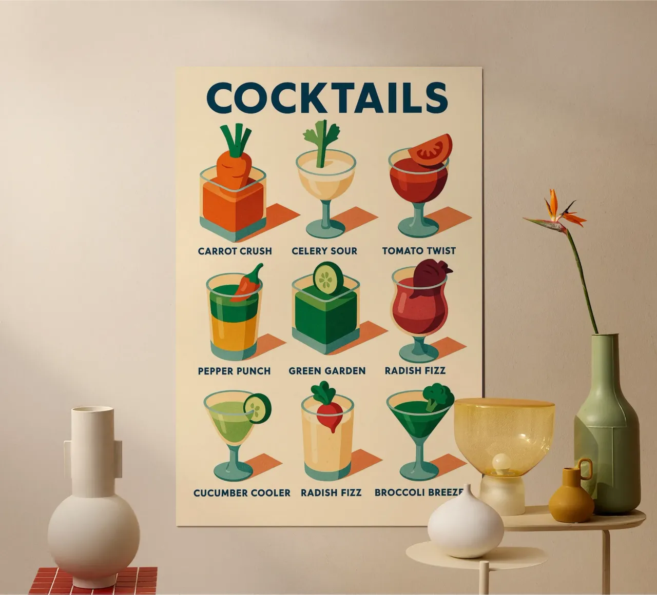 COCKTAILS - Il poster vegetariano ultra-fresco e di design poster con telaio in legno da Boissons - Affiches & posters - Retro