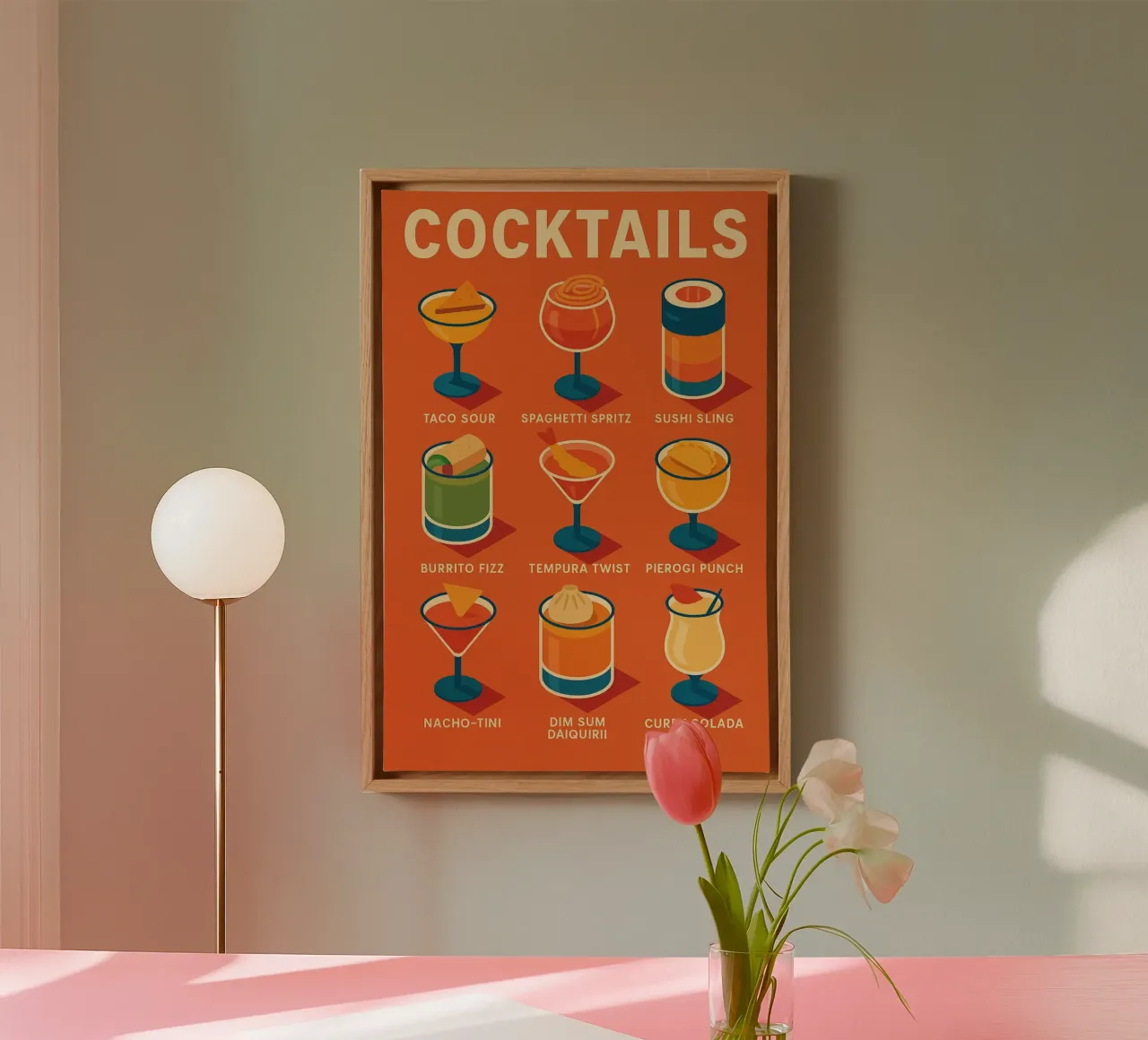COCKTAILS - The poster mixing tacos, dim sum and tequila canvas with Floater frame by Boissons - Affiches & posters - Retro
