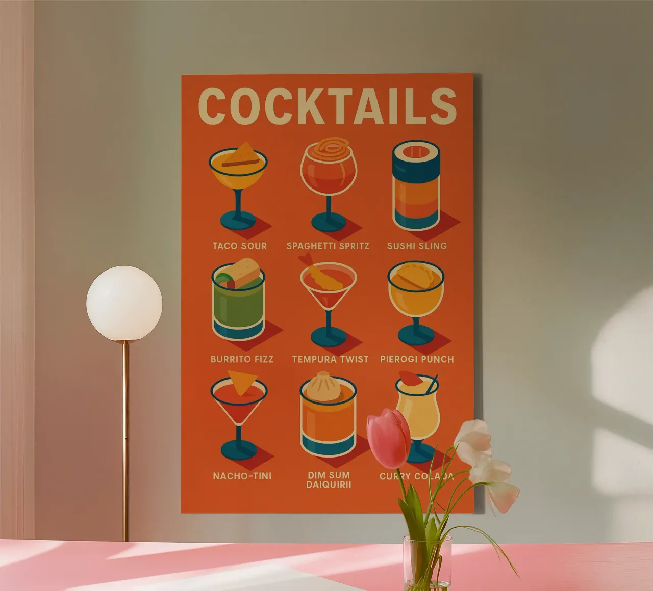 COCKTAILS - The poster mixing tacos, dim sum and tequila canvas with Floater frame by Boissons - Affiches & posters - Retro