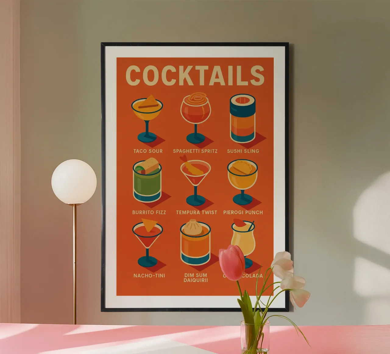COCKTAILS – L’affiche qui mixe tacos, dim sum et téquila poster avec cadre en aluminium de Boissons - Affiches & posters - Retro