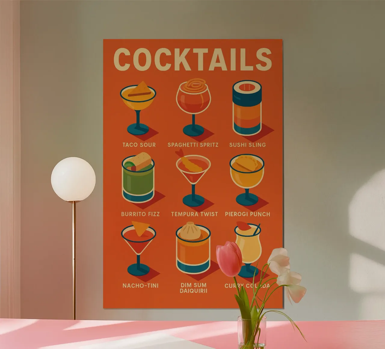 COCKTAILS – L’affiche qui mixe tacos, dim sum et téquila poster avec cadre en aluminium de Boissons - Affiches & posters - Retro