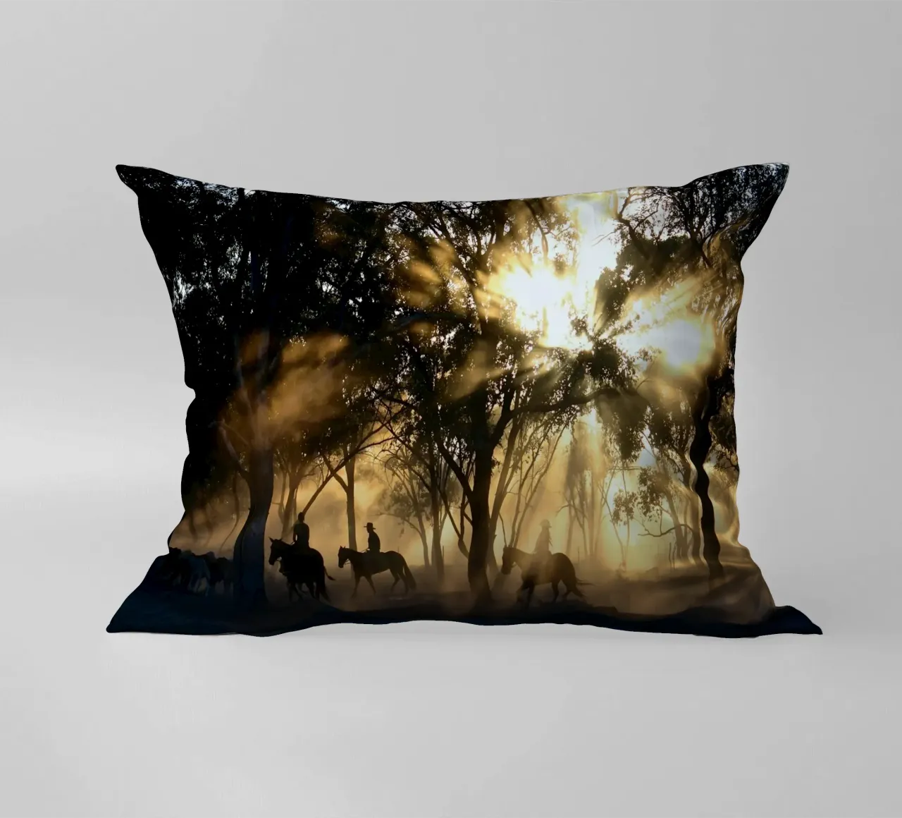 sunlight through trees and riders decorative cushion by Horsire