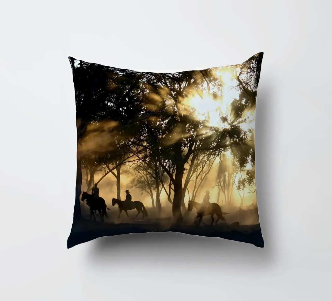 sunlight through trees and riders decorative cushion by Horsire